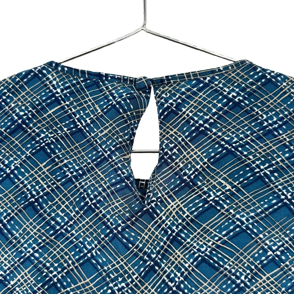NORA NOH 100% Silk Crew Neck Tee Blouse • Large • blue white tan boho indie chic